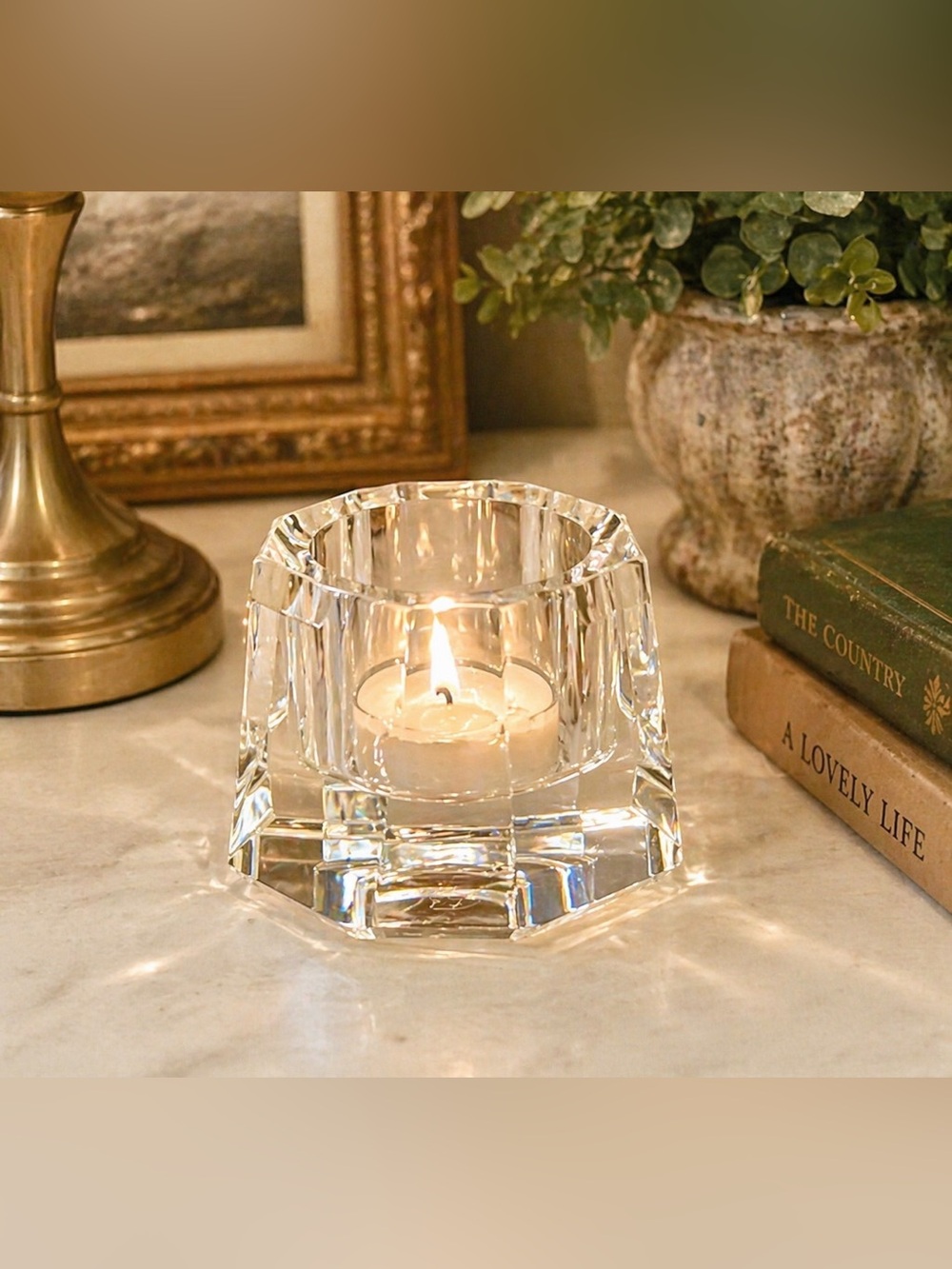 Oleg Cassini Crystal Votive Candle Holder Heavy Faceted Geometric Signed  EUC